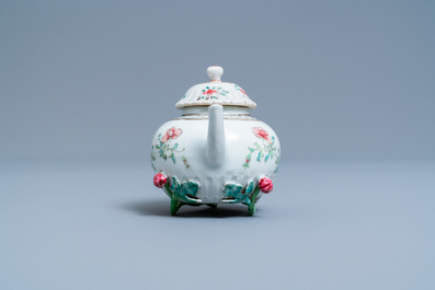 A Chinese famille rose 'rooster' teapot on stand, Yongzheng