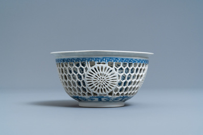 A Chinese blue and white reticulated double-walled bowl, Kangxi