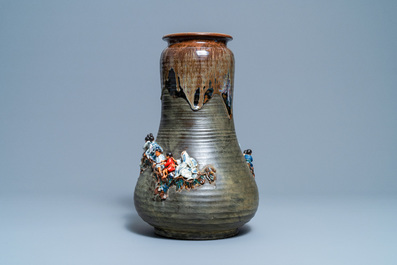 A tall Japanese Sumida Gawa vase with applied design of children and monkeys, Meiji, 19/20th C.