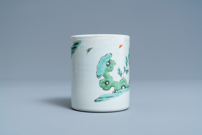 A Chinese famille verte brush pot with figures in a landscape, Kangxi