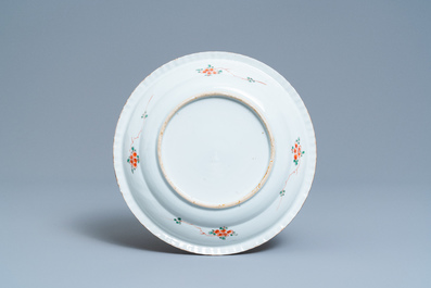 A Chinese famille verte dish and a pair of Imari-style relief-molded vases, Kangxi