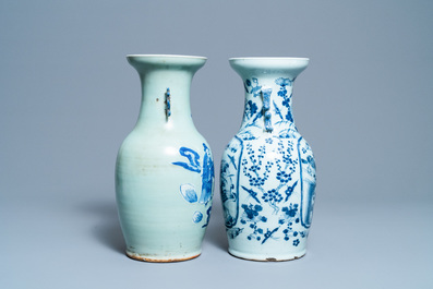 Twee Chinese blauw-witte vazen met celadon fondkleur, 19e eeuw