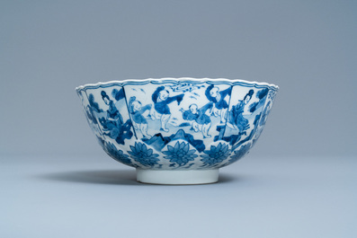 A Chinese blue and white lotus-molded 'playing boys' bowl, Chenghua mark, Kangxi