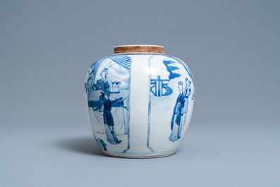 Un pot en porcelaine de Chine en bleu et blanc &agrave; d&eacute;cor figuratif, 19&egrave;me