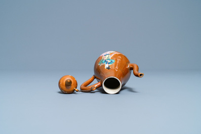 A Chinese famille rose capucin brown-ground ewer and cover, Yongzheng