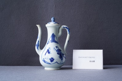 A Chinese blue and white 'Xi Xiang Ji' ewer and cover, Xuande mark, Kangxi