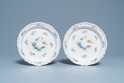 A pair of deep Brussels faience plates with '&agrave; la haie fleurie' design, 18th C.
