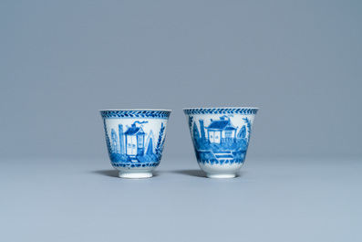 A pair of Chinese blue and white cups and saucers, Kangxi