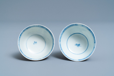 A pair of Chinese blue and white cups and saucers, Ca Mau shipwreck, Kangxi/Yongzheng