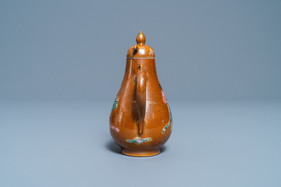 A Chinese famille rose capucin brown-ground ewer and cover, Yongzheng