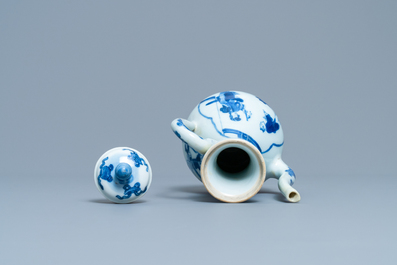 A Chinese blue and white 'Xi Xiang Ji' ewer and cover, Xuande mark, Kangxi