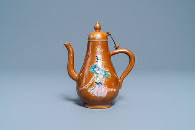 A Chinese famille rose capucin brown-ground ewer and cover, Yongzheng