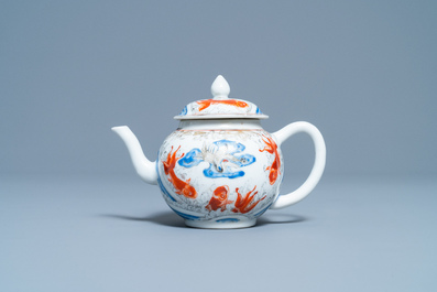 A Chinese 'crane and carps' teapot and cover, Yongzheng