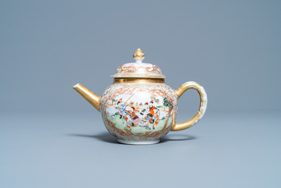 A Chinese gilded famille rose 'Mongolian hunt' teapot on stand, Qianlong