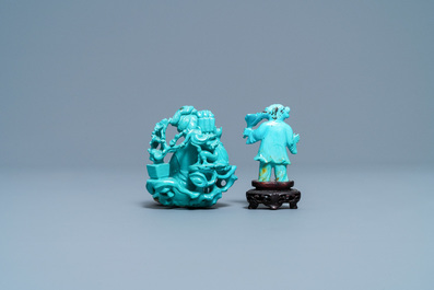 Twee Chinese figuren in turkoois, 19/20e eeuw