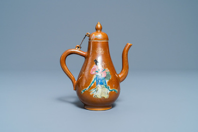 A Chinese famille rose capucin brown-ground ewer and cover, Yongzheng