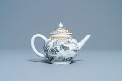A Chinese grisaille and gilt 'buffalo' teapot and cover, Yongzheng