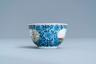 A Chinese export porcelain cup and saucer with a herring merchant, Qianlong