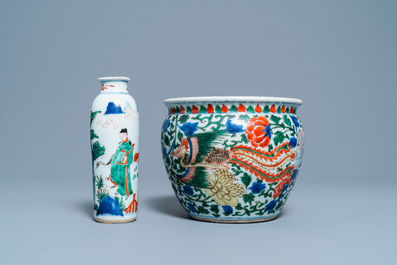 A Chinese wucai rouleau vase and a 'phoenix' censer, Transitional period