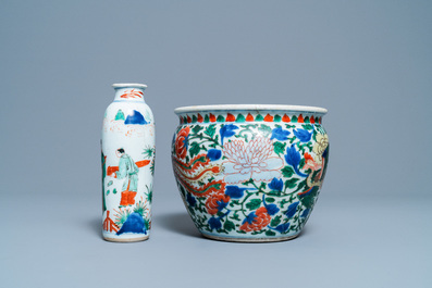 A Chinese wucai rouleau vase and a 'phoenix' censer, Transitional period