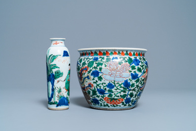A Chinese wucai rouleau vase and a 'phoenix' censer, Transitional period