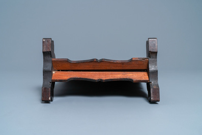 A Chinese square fahua 'Shou Lao' plaque mounted in a wooden table screen, Ming