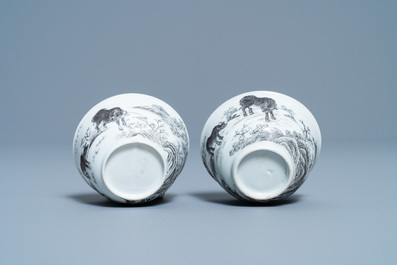 A pair of Chinese grisaille and gilt 'buffalo' cups and saucers, Yongzheng