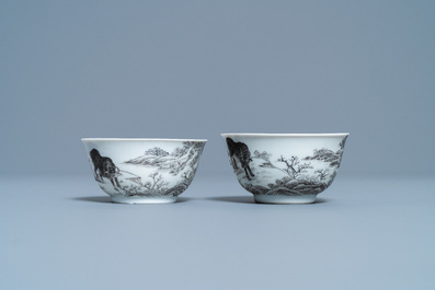A pair of Chinese grisaille and gilt 'buffalo' cups and saucers, Yongzheng