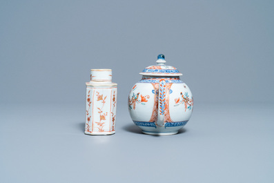A pair of Chinese famille rose cups and saucers, a Dutch-decorated teapot and a tea caddy, Kangxi/Qianlong