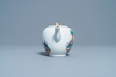 A Chinese famille rose 'romantic subject' teapot on stand, Qianlong