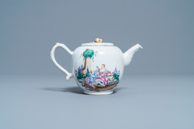 A Chinese famille rose 'romantic subject' teapot on stand, Qianlong