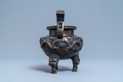 A Chinese bronze tripod censer, seal mark, Qing