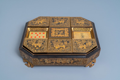 A Chinese Canton export gilt and lacquer gaming box with mother-of-pearl accessories, 19th C.
