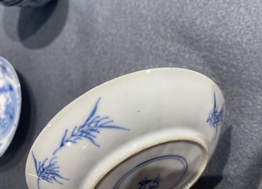 Six Chinese blue and white cups and saucers with horseriders, Kangxi