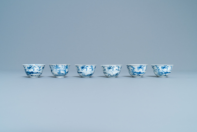 Six Chinese blue and white cups and saucers with horseriders, Kangxi