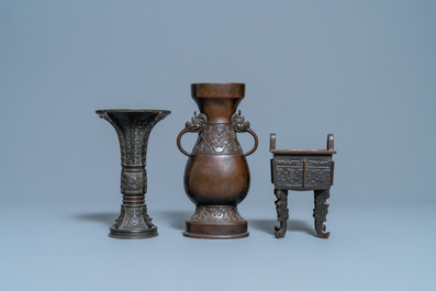 Two Chinese archaic bronze vases and a censer, 18/19th C.