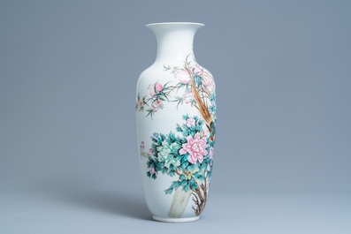 A Chinese famille rose vase with birds among blossoming branches, Qianlong mark, Republic