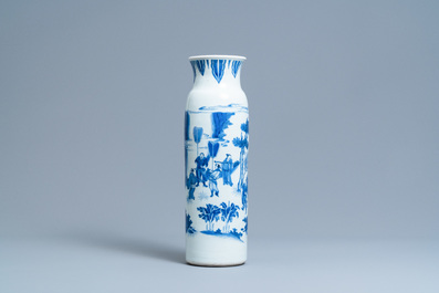 A Chinese blue and white rouleau vase with figures in a landscape, Transitional period