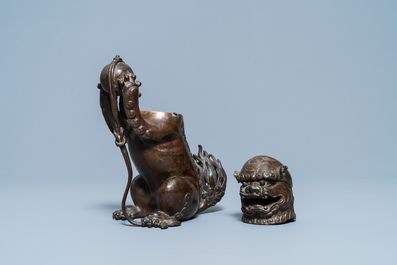 A Chinese lacquered bronze 'Buddhist lion' censer and cover, Ming