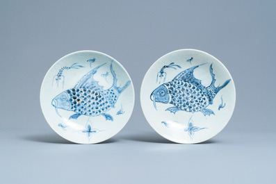 Four Chinese blue and white 'carps and shrimps' dishes, Dehua, 18/19th C.