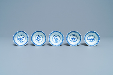 Five Chinese blue and white cups and saucers, Kangxi mark, 19th C.