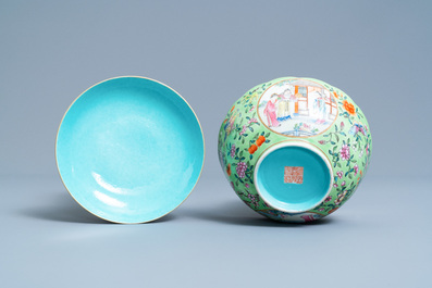 A Chinese green-ground famille rose bowl and cover, Daoguang mark and of the period