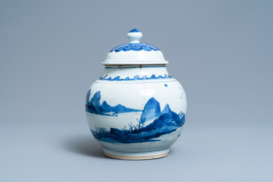 Een Chinese blauw-witte dekselpot met landschapsdecor, Transitie periode