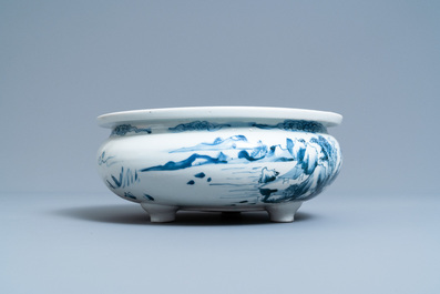A Chinese blue and white tripod censer with a landscape, Dehua, Kangxi