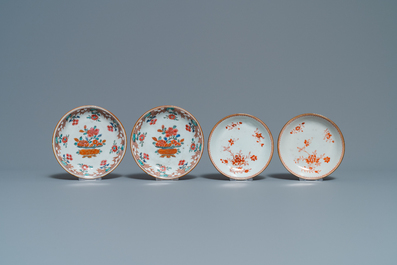Huit tasses et soucoupes en porcelaine de Chine famille rose, bleu et blanc et rouge de fer sur fond capucin, Kangxi/Qianlong