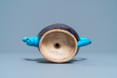 A Chinese aubergine- and turquoise-glazed peach-shaped cadogan teapot, 18/19th C.