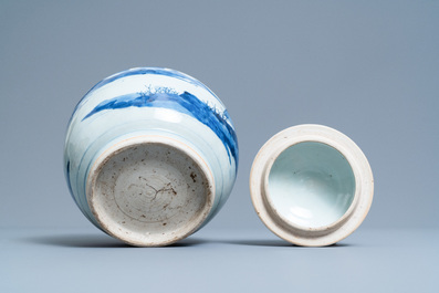 A Chinese blue and white 'landscape' jar and cover, Transitional period