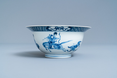 A Chinese blue and white klapmuts bowl with a battle scene, Chenghua mark, Kangxi