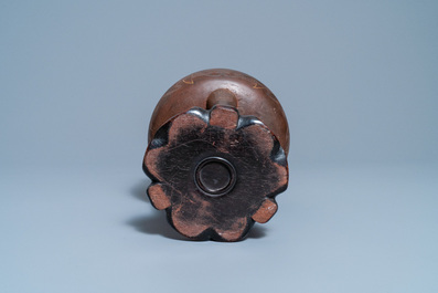 A Chinese inlaid bronze tripod censer on wooden stand, Ming