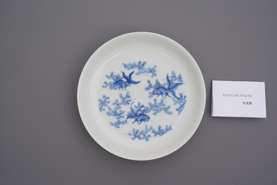 Een Chinees blauw-wit bord met goudvissen, Daoguang merk, Republiek